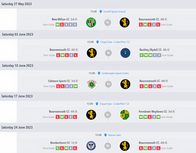 A screenshot of the team's upcoming games for May 27th, June 3rd, June 10th, June 17th, and June 24th 2023