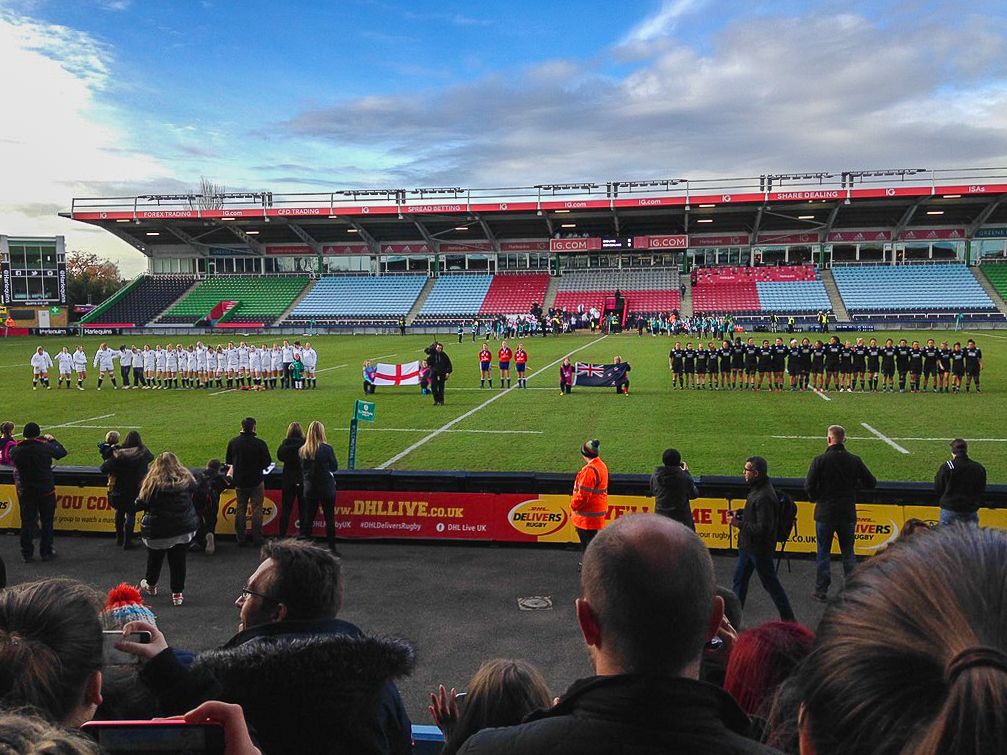 A zoomed in image of the Red Roses lined up for the national anthem next to the New Zealand team at their match in 2017.