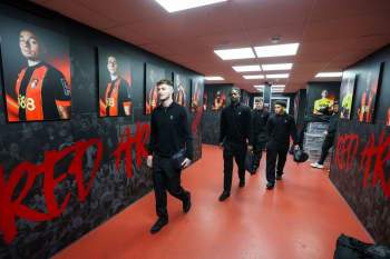 Maxwell Kinsey-Wellings (left), Matai Akinmboni (middle), Remy Rees-Dottin (right), and Ben Winterburn (back) walking down the tunnel before AFC Bournemouth vs West Brom (Photo credit: AFCBTV)