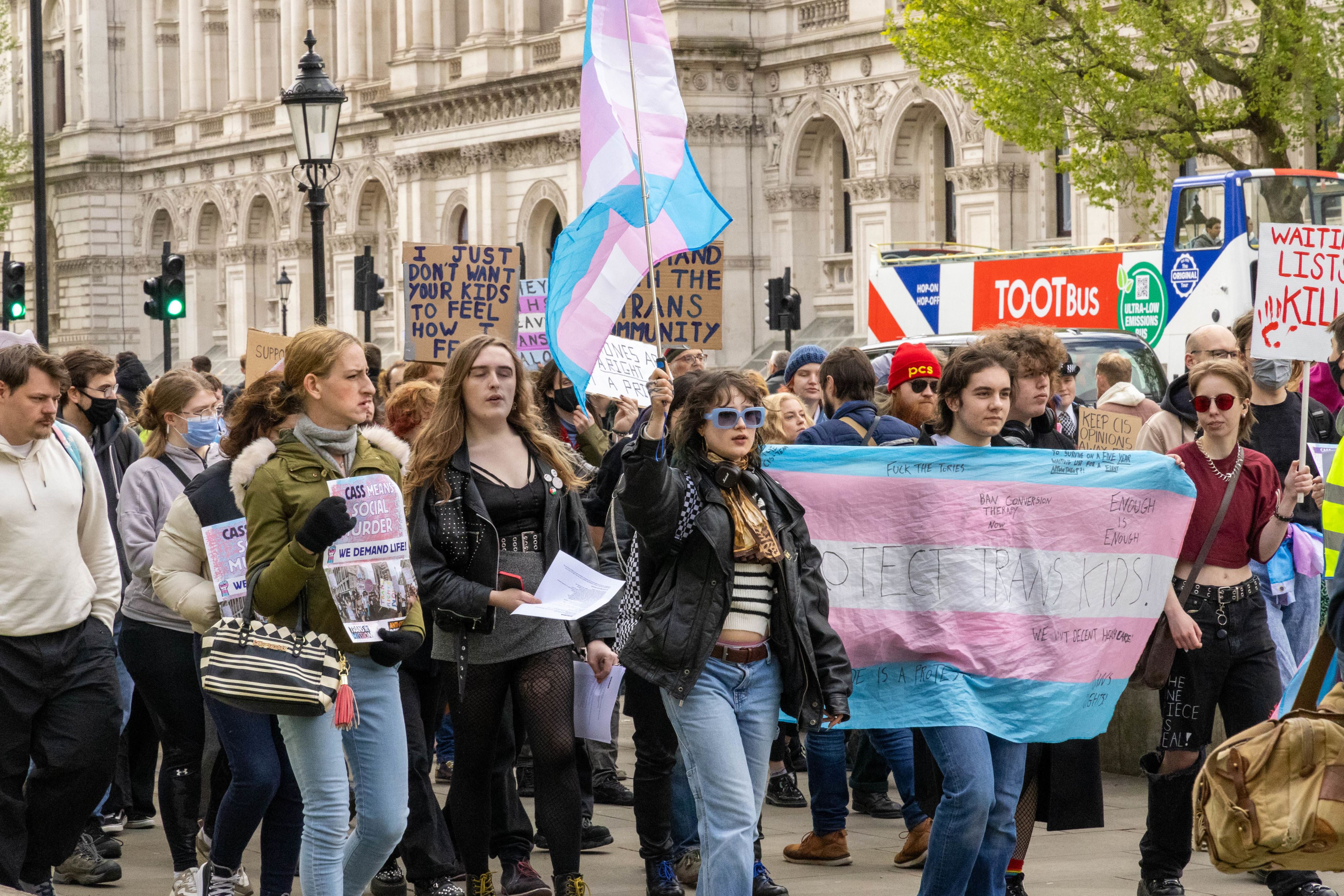 Transgender rights protesters gathered around Parliament Square protesting against the ban on puberty blockers for under 18s photo by Aaron Sugg